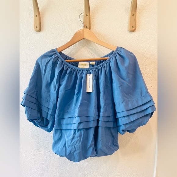 NWT Anthropologie Maeve Elbow Sleeve Bubble Hem Top Cornflower Blue XXS - Picture 4 of 5